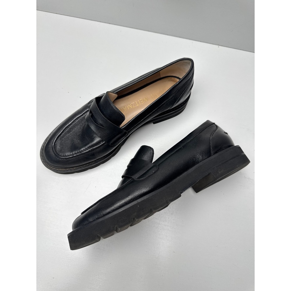 Stuart Weitzman Black Leather Penny Loafers Lug Sole Made in Spain SG704 9B